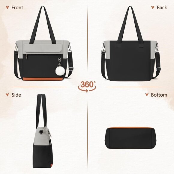 Women Black With Grey Multi-Pocket Waterproof Canvas Tote Bags with Zipper - Picture 5 of 6